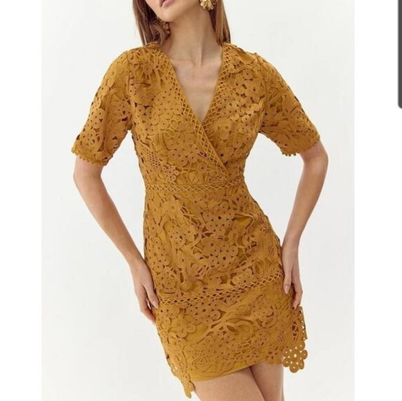 Adelyn Rae Lace V-neck Short Sleeve Sheath Mini Dress: Color- Mustard - Picture 1 of 11